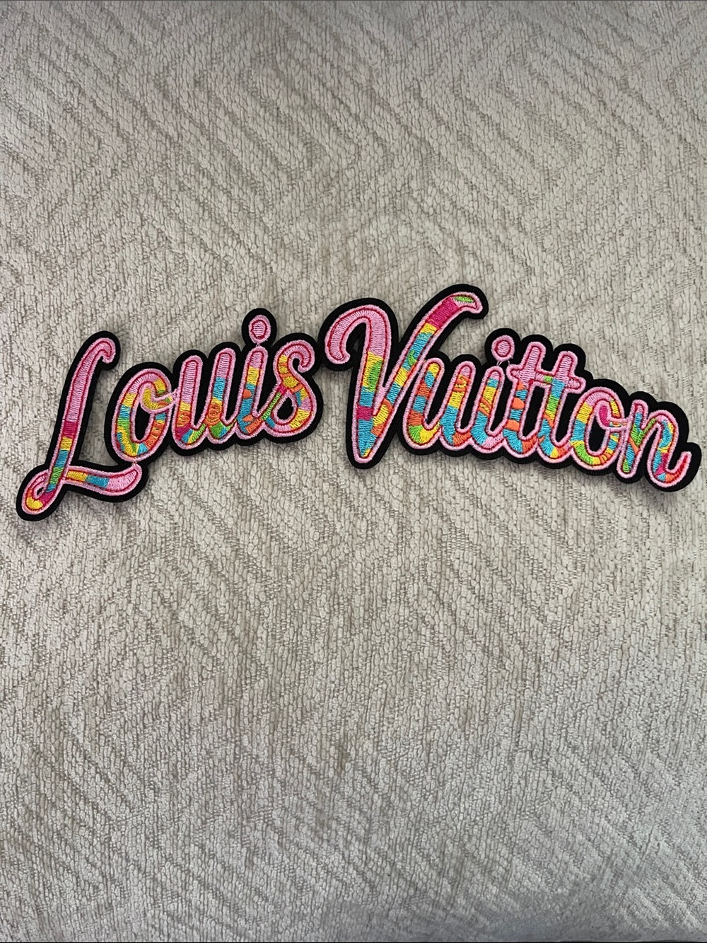 LV Multicolor Script Iron On Patch with Pink Outline